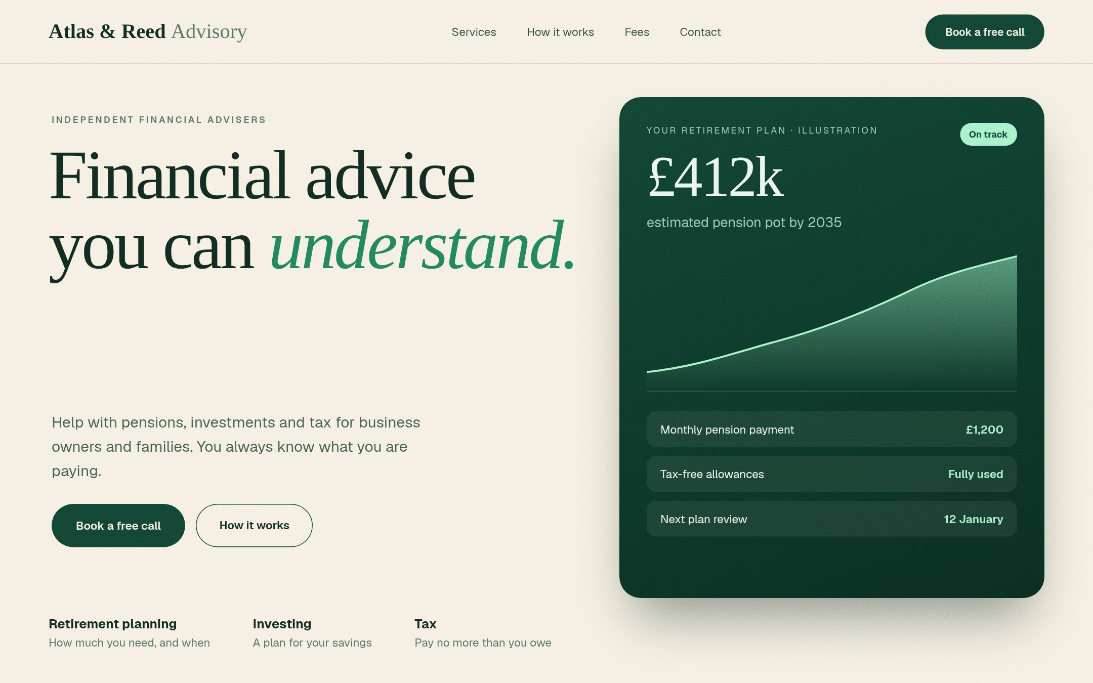 Concept website for a financial advisory firm with a marble texture and clear service areas