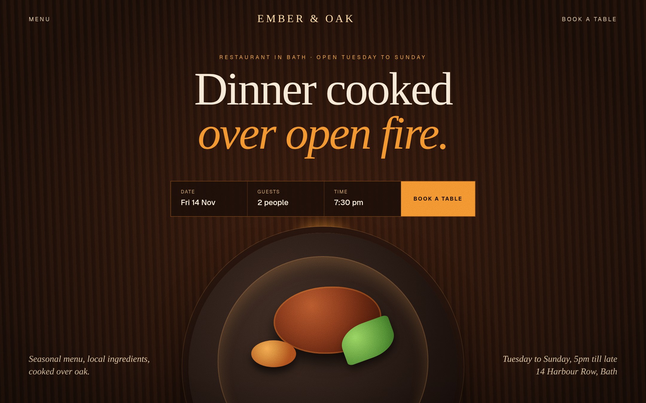 Concept website for a wood-fired restaurant with a reservation widget over a plated dish