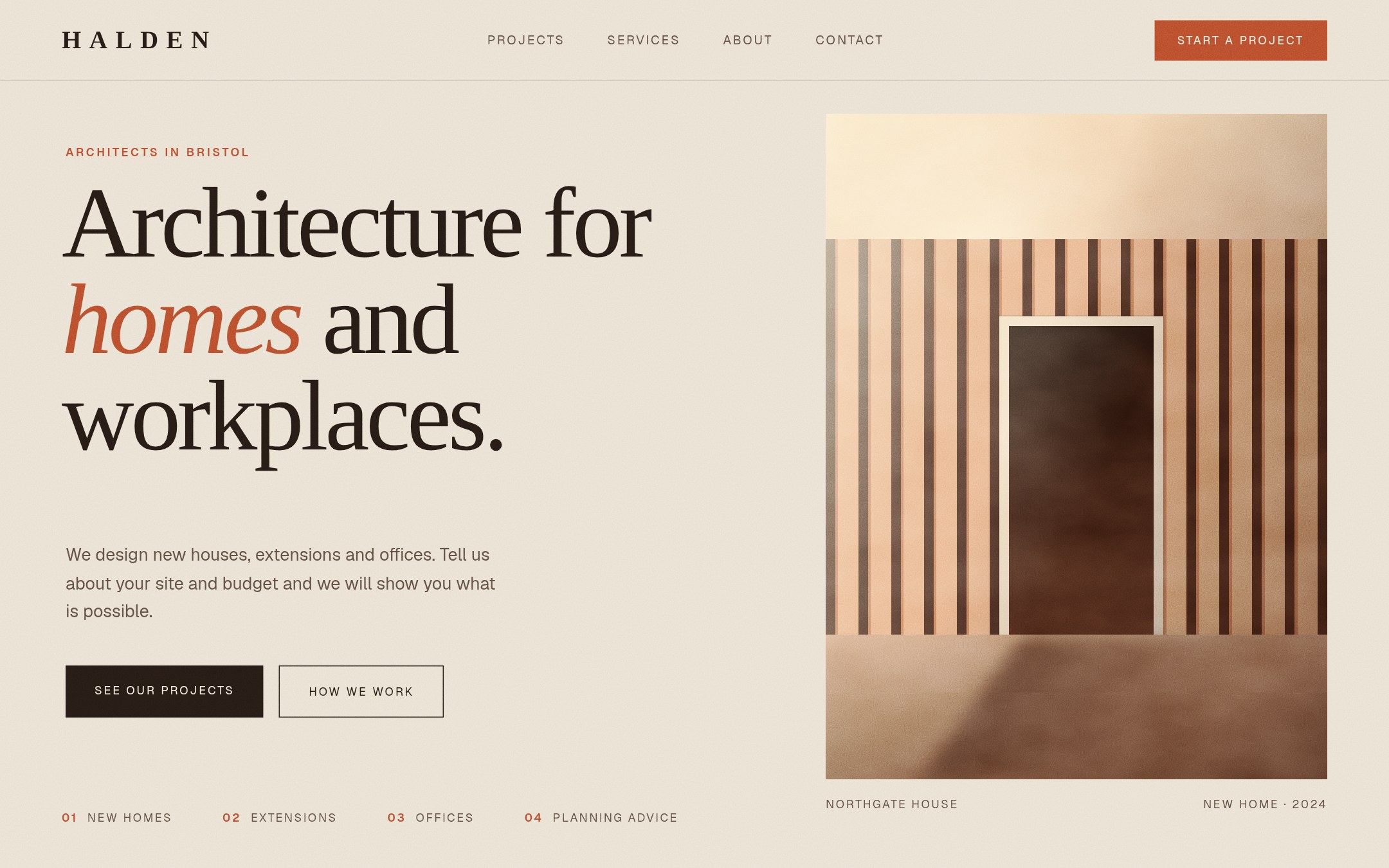 Concept website for an architecture studio: large headline beside a louvred concrete facade photograph