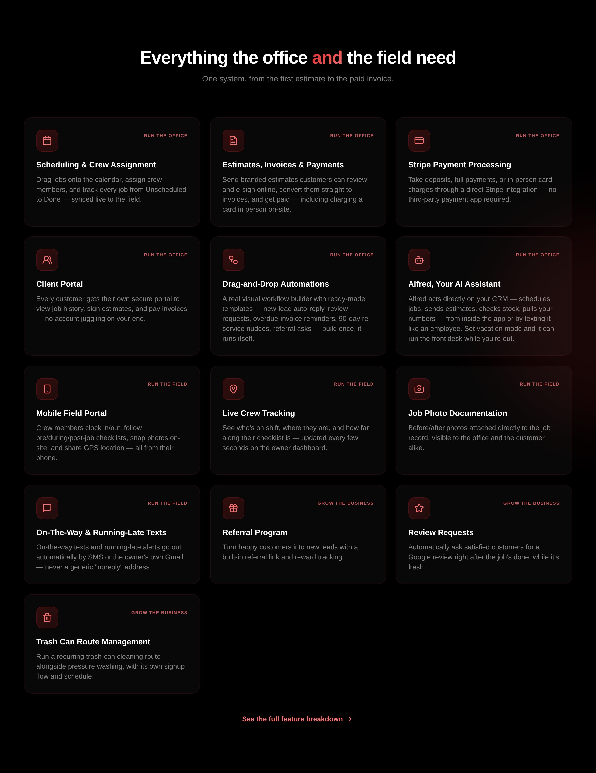 CrewBoss features: scheduling and crew assignment, estimates, invoices and payments, Stripe, client portal, drag-and-drop automations, the Alfred AI assistant, mobile field portal, live crew tracking and job photos